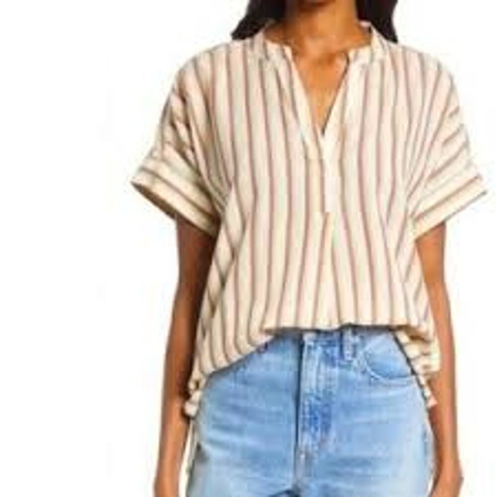 Madewell Crinkle Cotton Lakeline Popover Shirt Red Stripe Medium